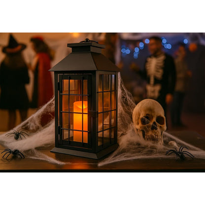 11" Rustic Decorative Candle Lantern – Vintage Metal & Glass Holder for Pillar Candles – Farmhouse Tabletop & Hanging Lantern for Indoor or Patio Decor, Black - Black - PT05