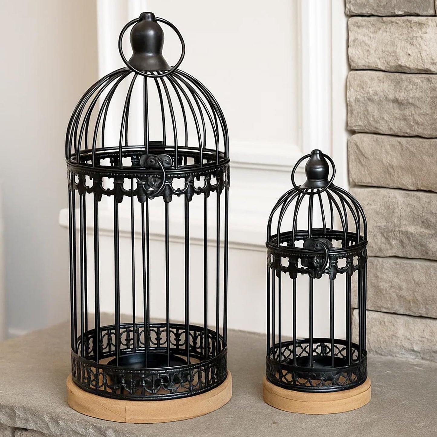 Birdcage Candle Lanterns – Set of 2 Decorative Metal Lanterns on Wooden Base – Vintage Farmhouse Tabletop & Hanging Lantern for Weddings, Parties & Home Decor - Black 12 Inches Tall By 5.5 Inches Diameter - MAIN