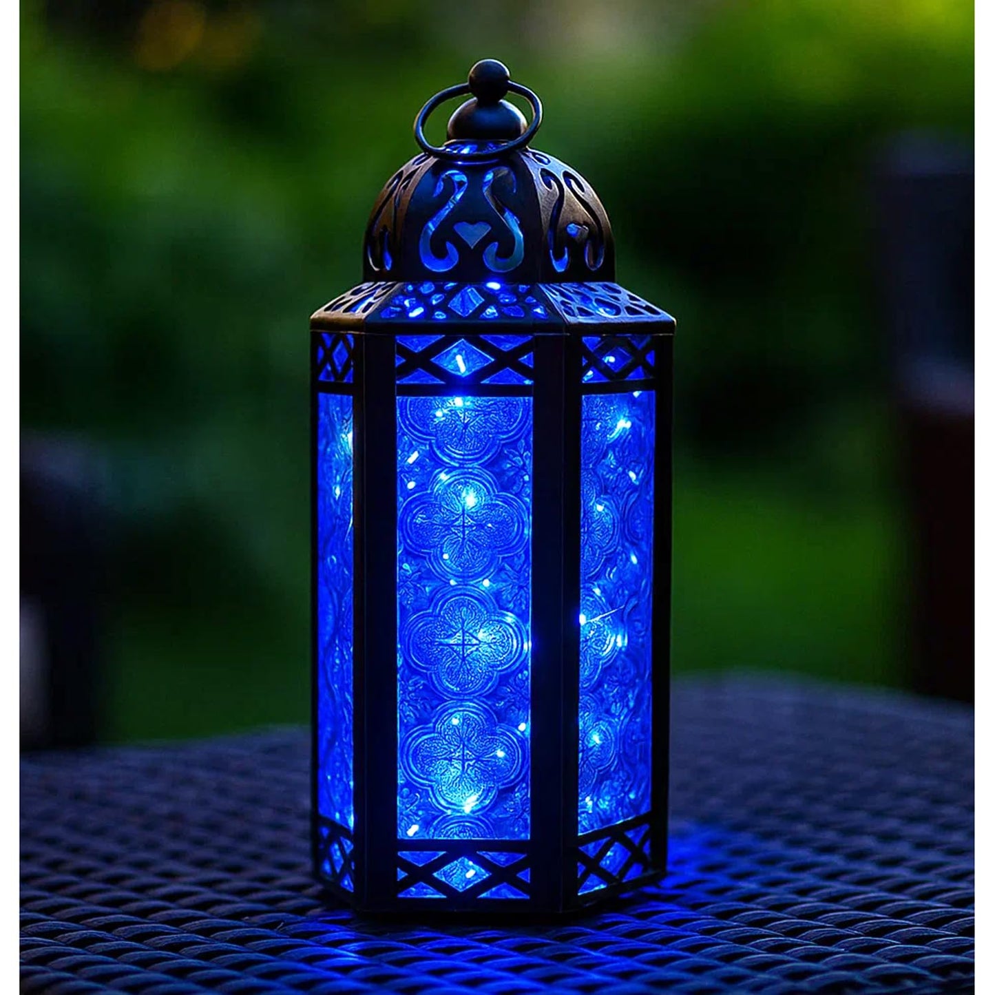 Metal Moroccan Decorative LED Fairy Lights Candle Lantern Holders for Indoor Home Fantasy Decor, Table Centerpieces, Outdoor Patio or Porch, Weddings, Medium - Blue Medium - MAIN