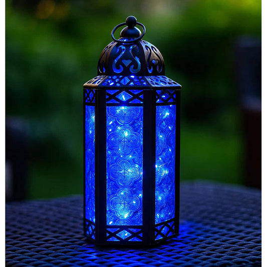 Metal Moroccan Decorative LED Fairy Lights Candle Lantern Holders for Indoor Home Fantasy Decor, Table Centerpieces, Outdoor Patio or Porch, Weddings, Medium - Blue Medium - MAIN