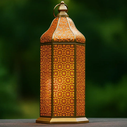 16" Champagne Gold Moroccan Decorative Candle Lantern – Metal Hexagon Lantern for Table or Hanging, Ramadan Turkish Islamic Decor, Wedding Centerpiece, Indoor H - Champagne Gold Extra Large - MAIN