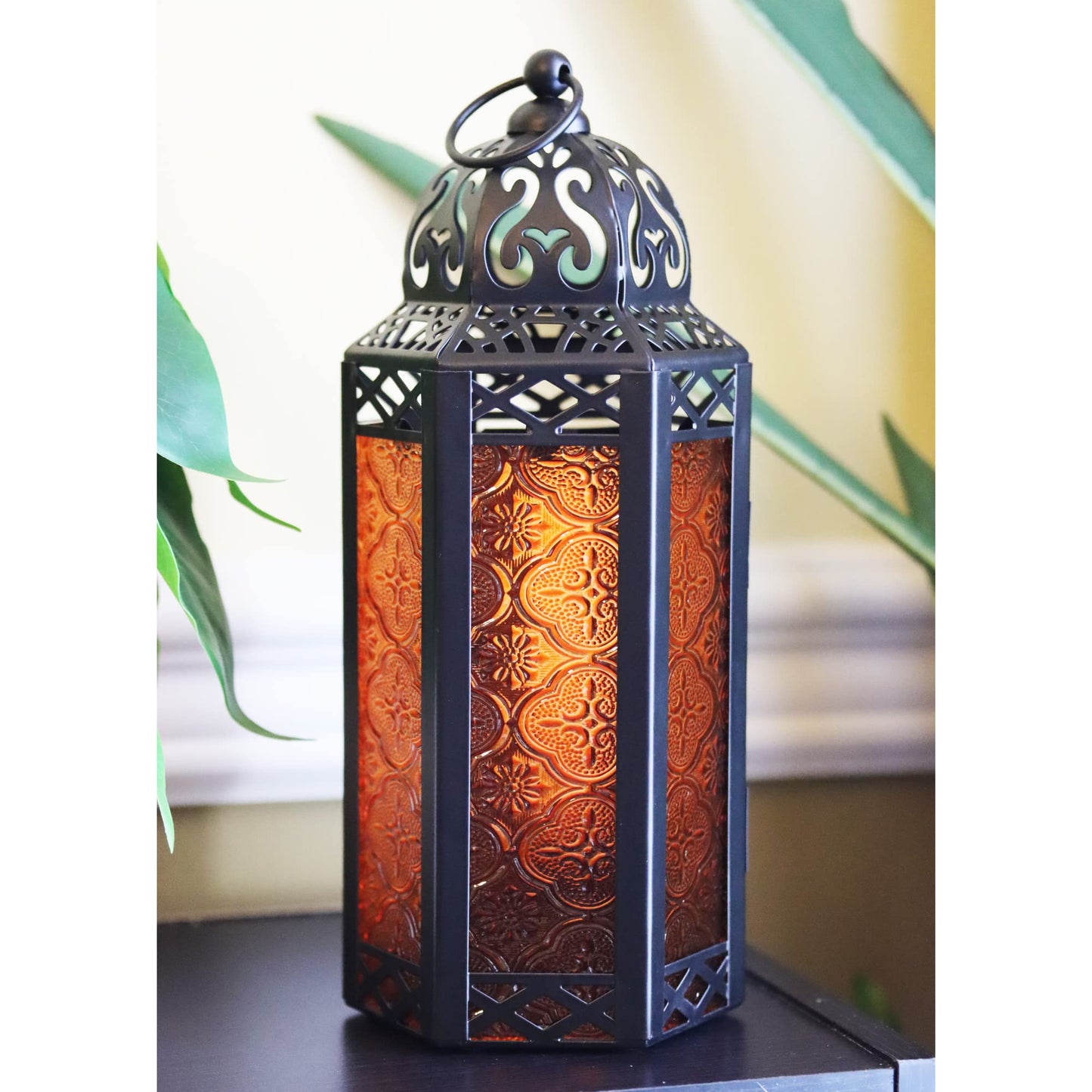 10.5" Moroccan Lamp Lantern Decorative Candle Holder for Indoor Outdoor Home Decor, Patio, Weddings, Ramadan Decorations, Blue/Amber/Green, Medium, Set of 3 - Blue/Amber/Green Medium - PT03