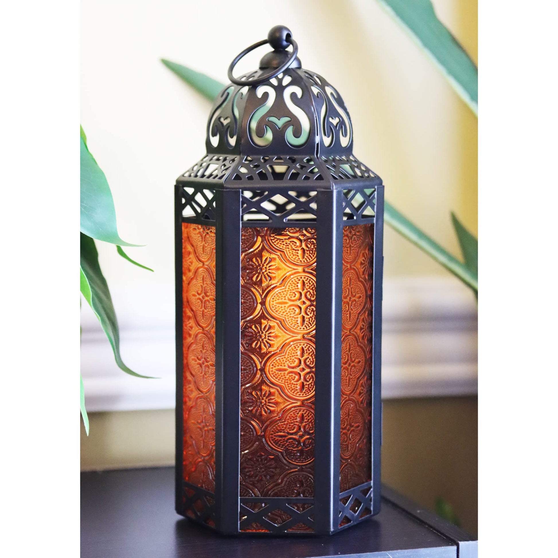 10.5" Moroccan Lamp Lantern Decorative Candle Holder for Indoor Outdoor Home Decor, Patio, Weddings, Ramadan Decorations, Blue/Amber/Green, Medium, Set of 3 - Blue/Amber/Green Medium - PT03