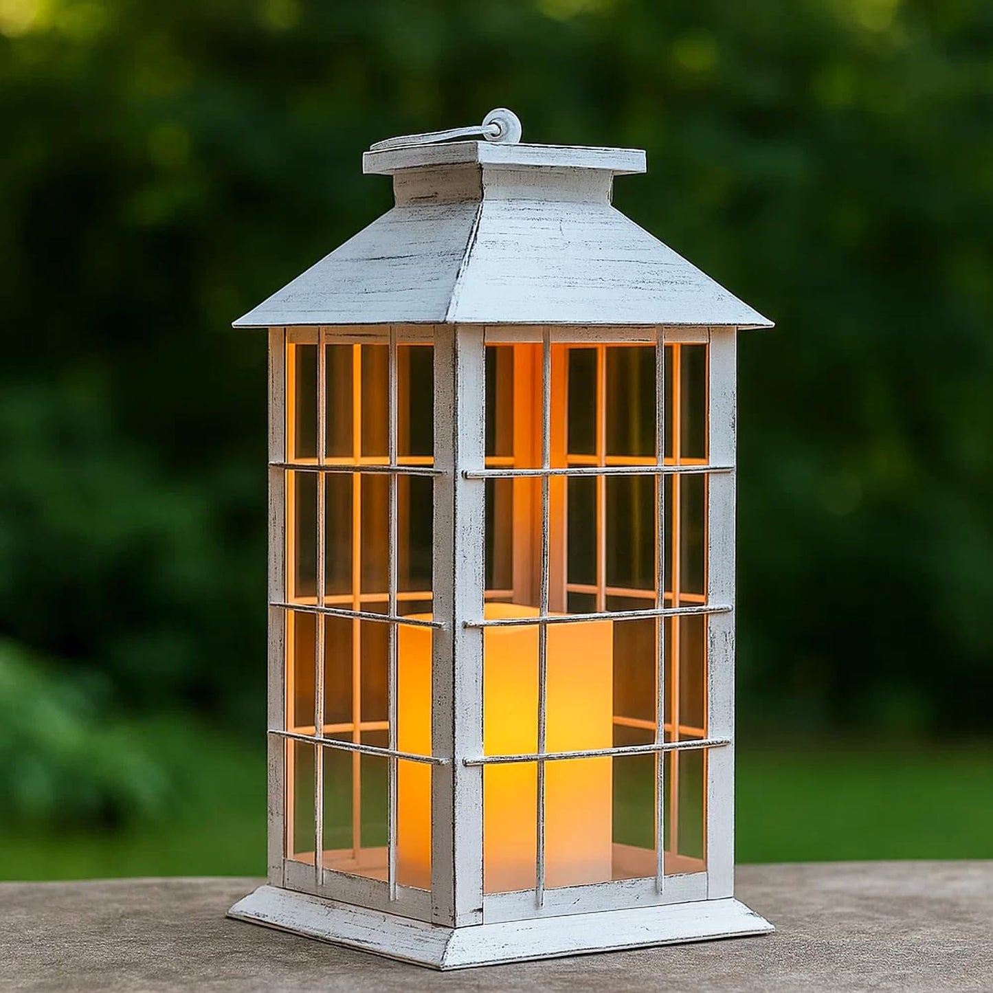 11" Rustic Decorative Candle Lantern – Vintage Metal & Glass Holder for Pillar Candles – Farmhouse Tabletop & Hanging Lantern for Indoor or Patio Decor, White - Rustic White - PT01