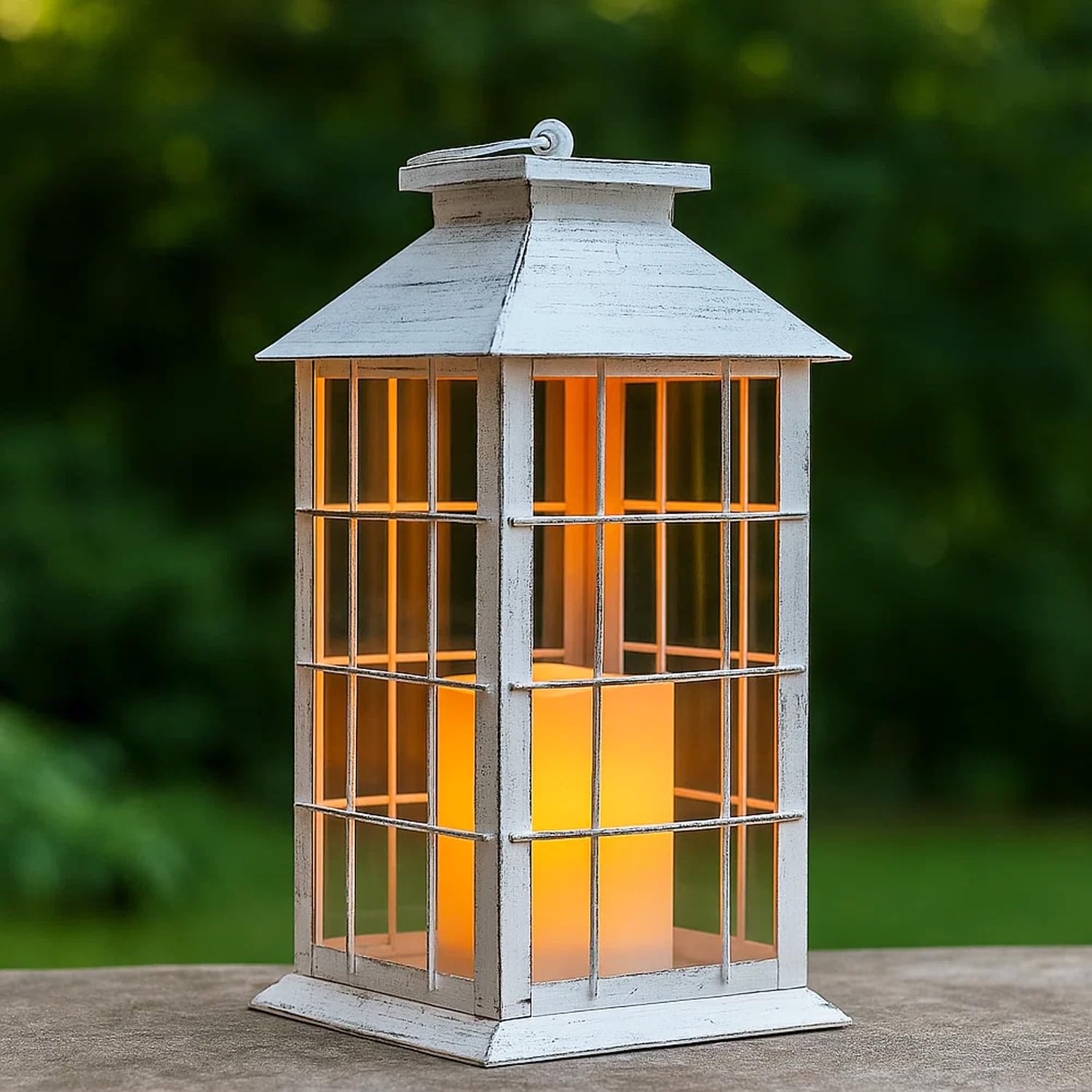 11" Rustic Decorative Candle Lantern – Vintage Metal & Glass Holder for Pillar Candles – Farmhouse Tabletop & Hanging Lantern for Indoor or Patio Decor, White - Rustic White - PT01