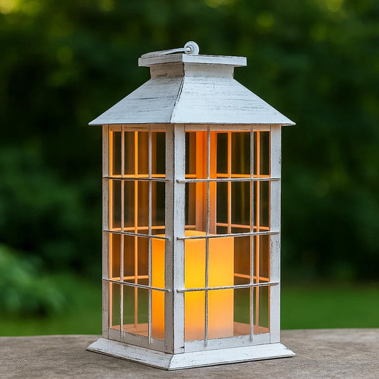 11" Rustic Decorative Candle Lantern – Vintage Metal & Glass Holder for Pillar Candles – Farmhouse Tabletop & Hanging Lantern for Indoor or Patio Decor, White - Rustic White - PT01