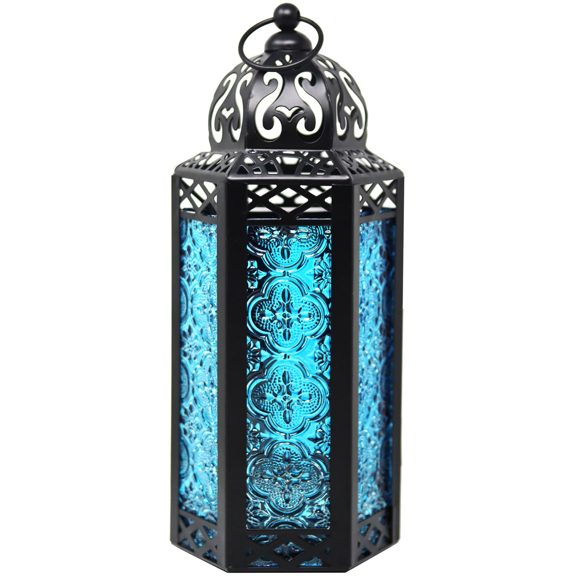 Black Metal Decorative Moroccan Lantern Candle Holder Lamp - Indoor/Outdoor, Home Decor, Patio, Weddings, Christmas - Blue Medium - MAIN