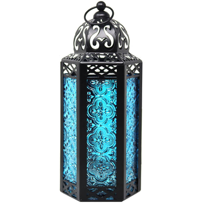 Black Metal Decorative Moroccan Lantern Candle Holder Lamp - Indoor/Outdoor, Home Decor, Patio, Weddings, Christmas - Blue Medium - MAIN