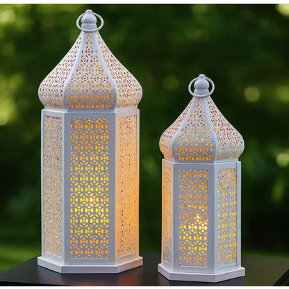 Tower Temple Moroccan Lantern Lamp Decorative Candle Holders - White Set of 2 - MAIN