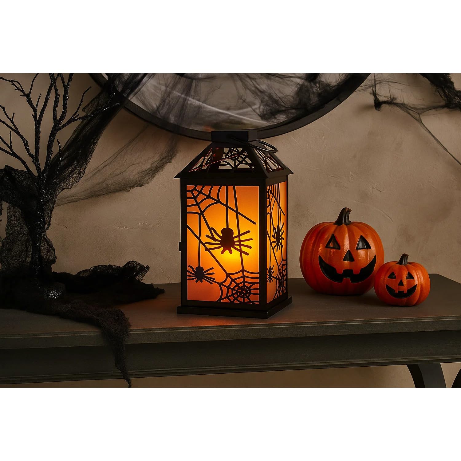 11.5" Halloween Spider Candle Lantern - Decorative Spooky Tabletop Light for Haunted House, Gothic Home, Front Porch & Party Decor, Metal with Frosted Glass (Ca - Dark Gray - PT02