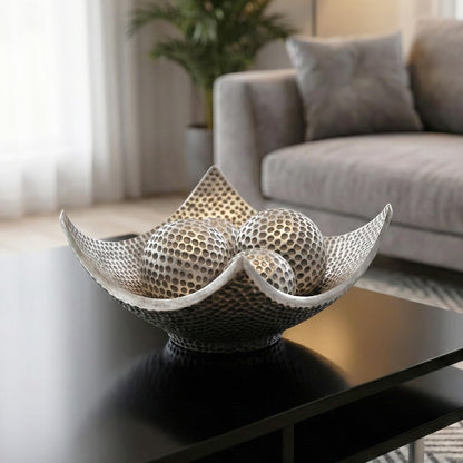 5pc Bowl Table Centerpieces for Dining Room, Large Decorative Bowls for Coffee Table Decor, Kitchen, Orbs/Balls Included, Silver - Silver Large - PT07