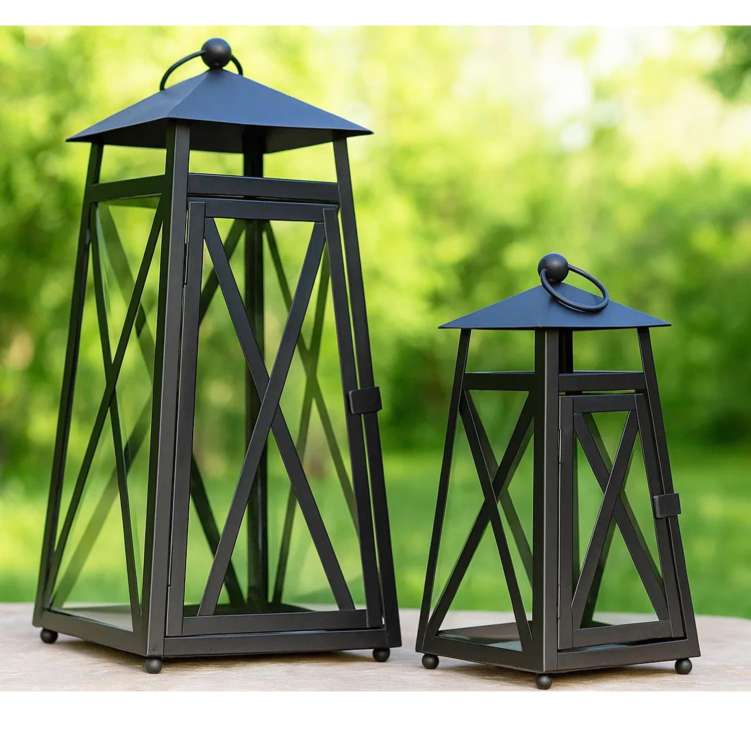 Black Watchtower Candle Lanterns for Outdoor Patio or Porch – Set of 2 Decorative Metal & Glass Lanterns for Pillar Candles – Rustic Farmhouse Indoor Tabletop D - Black 14.5" H x 6" W - MAIN