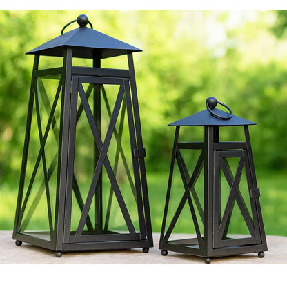 Black Watchtower Candle Lanterns for Outdoor Patio or Porch – Set of 2 Decorative Metal & Glass Lanterns for Pillar Candles – Rustic Farmhouse Indoor Tabletop D - Black 14.5" H x 6" W - MAIN