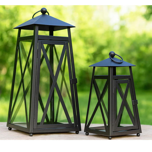 Black Watchtower Candle Lanterns for Outdoor Patio or Porch – Set of 2 Decorative Metal & Glass Lanterns for Pillar Candles – Rustic Farmhouse Indoor Tabletop D - Black 14.5" H x 6" W - MAIN