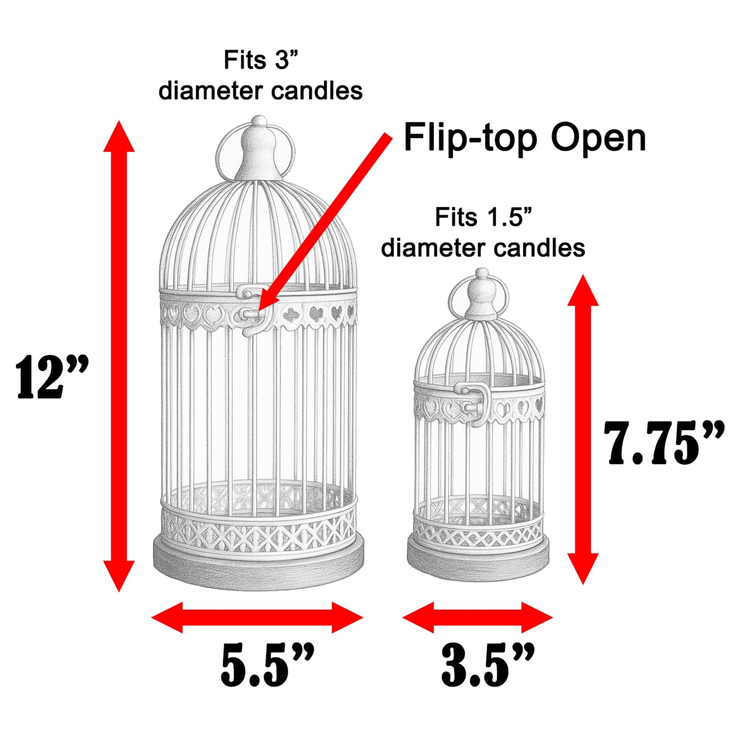 Birdcage Candle Lanterns – Set of 2 Decorative Metal Lanterns on Wooden Base – Vintage Farmhouse Tabletop & Hanging Lantern for Weddings, Parties & Home Decor - Black 12 Inches Tall By 5.5 Inches Diameter - PT03
