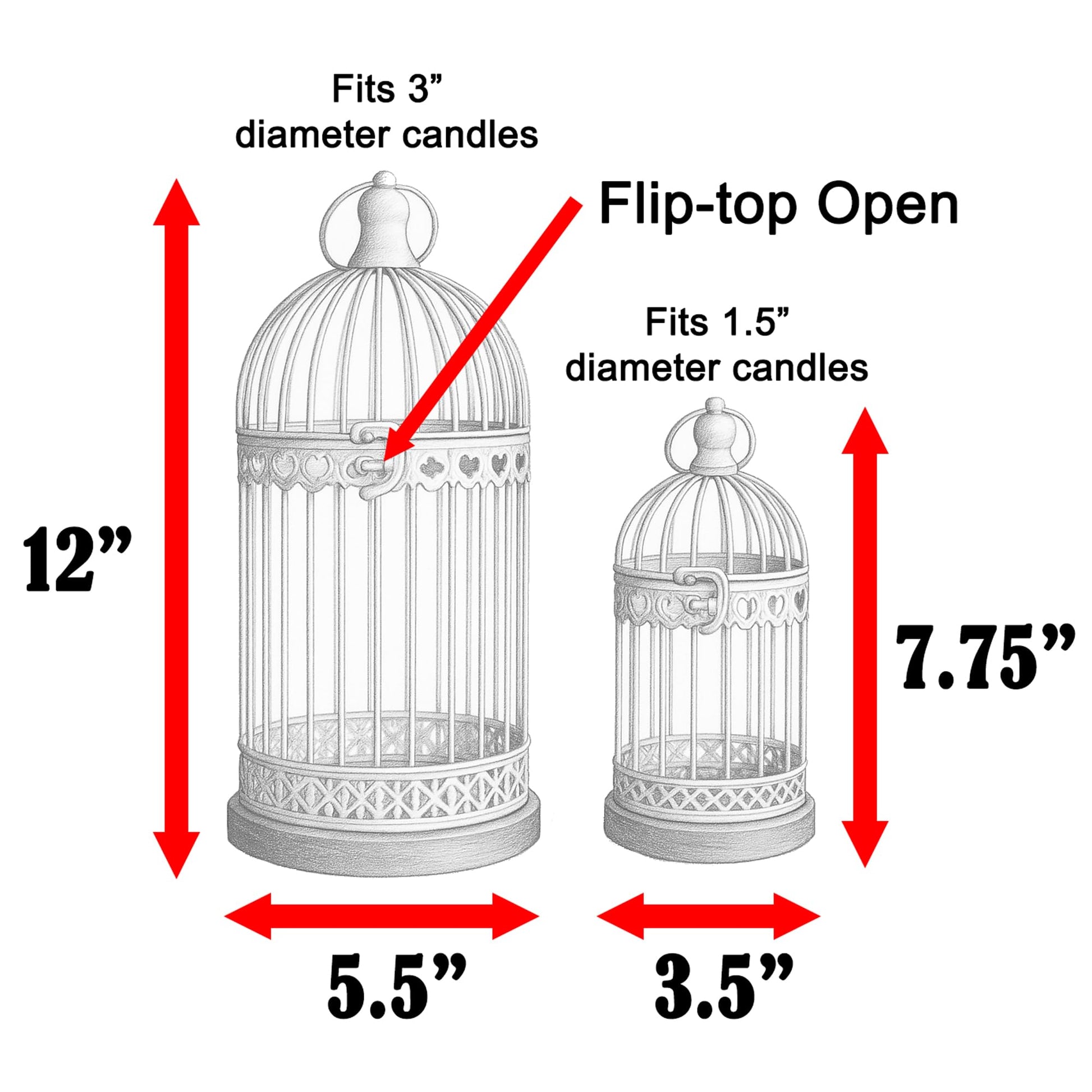 Birdcage Candle Lanterns – Set of 2 Decorative Metal Lanterns on Wooden Base – Vintage Farmhouse Tabletop & Hanging Lantern for Weddings, Parties & Home Decor - Black 12 Inches Tall By 5.5 Inches Diameter - PT03