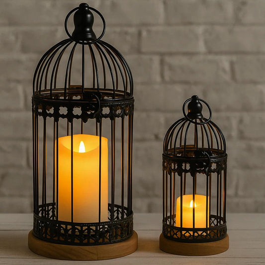 Birdcage Candle Lanterns – Set of 2 Decorative Metal Lanterns on Wooden Base – Vintage Farmhouse Tabletop & Hanging Lantern for Weddings, Parties & Home Decor - Black 12 Inches Tall By 5.5 Inches Diameter - PT01