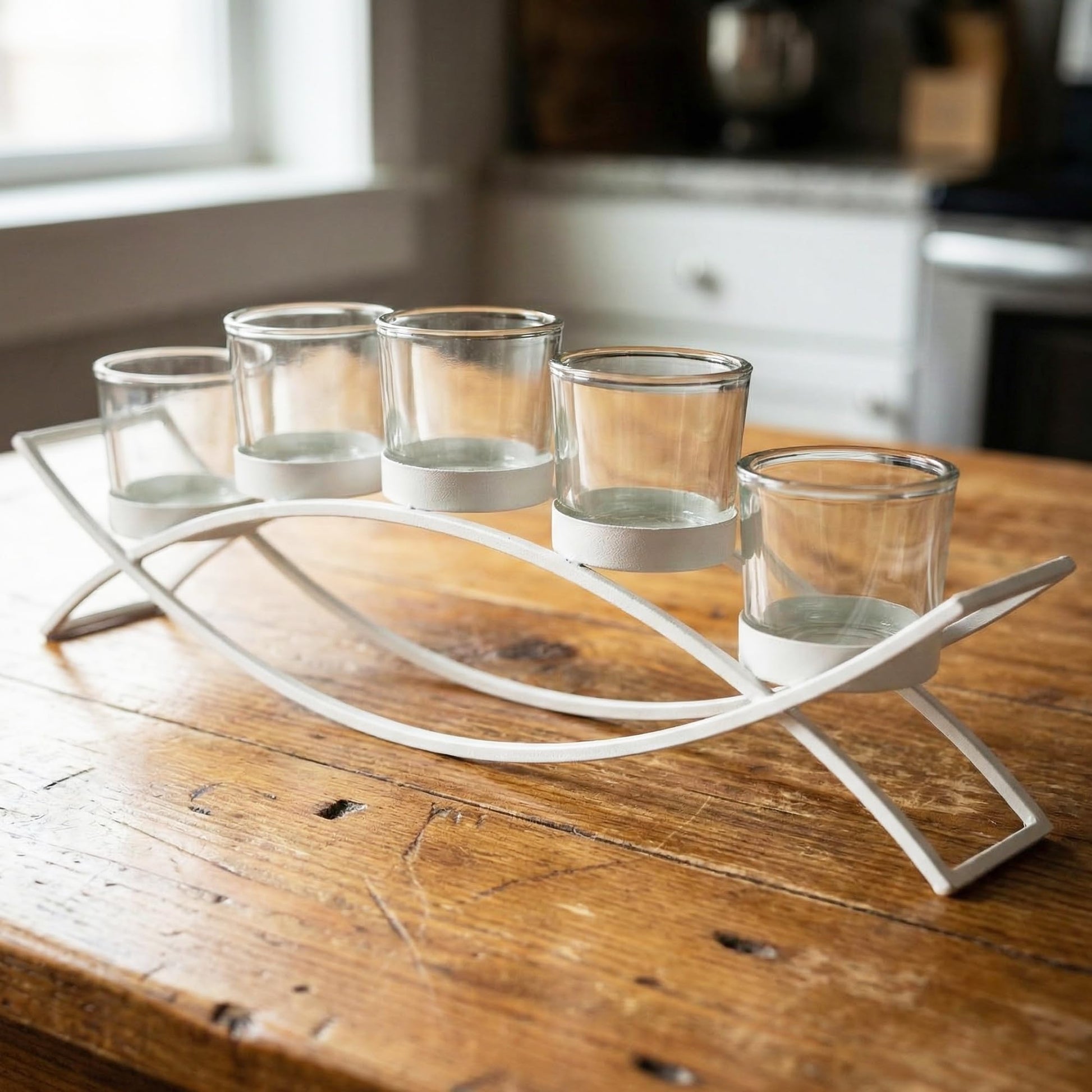 Iron Arch Table Centerpiece Decorations Long Candle Holder for Weddings, Patio, Kitchen, Dining Room, and Coffee Tables, White, Clear Chunky 5 Cups - White 5 Cup - MAIN