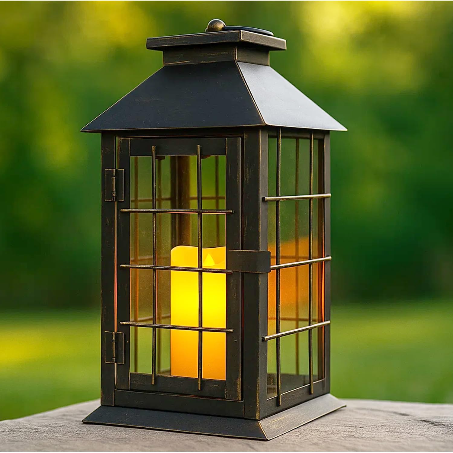 11" Rustic Decorative Candle Lantern – Vintage Metal & Glass Holder for Pillar Candles – Farmhouse Tabletop & Hanging Lantern for Indoor or Patio Decor, Bronze - Brushed Bronze 5.5 x 5.5 x 11 inches - PT01