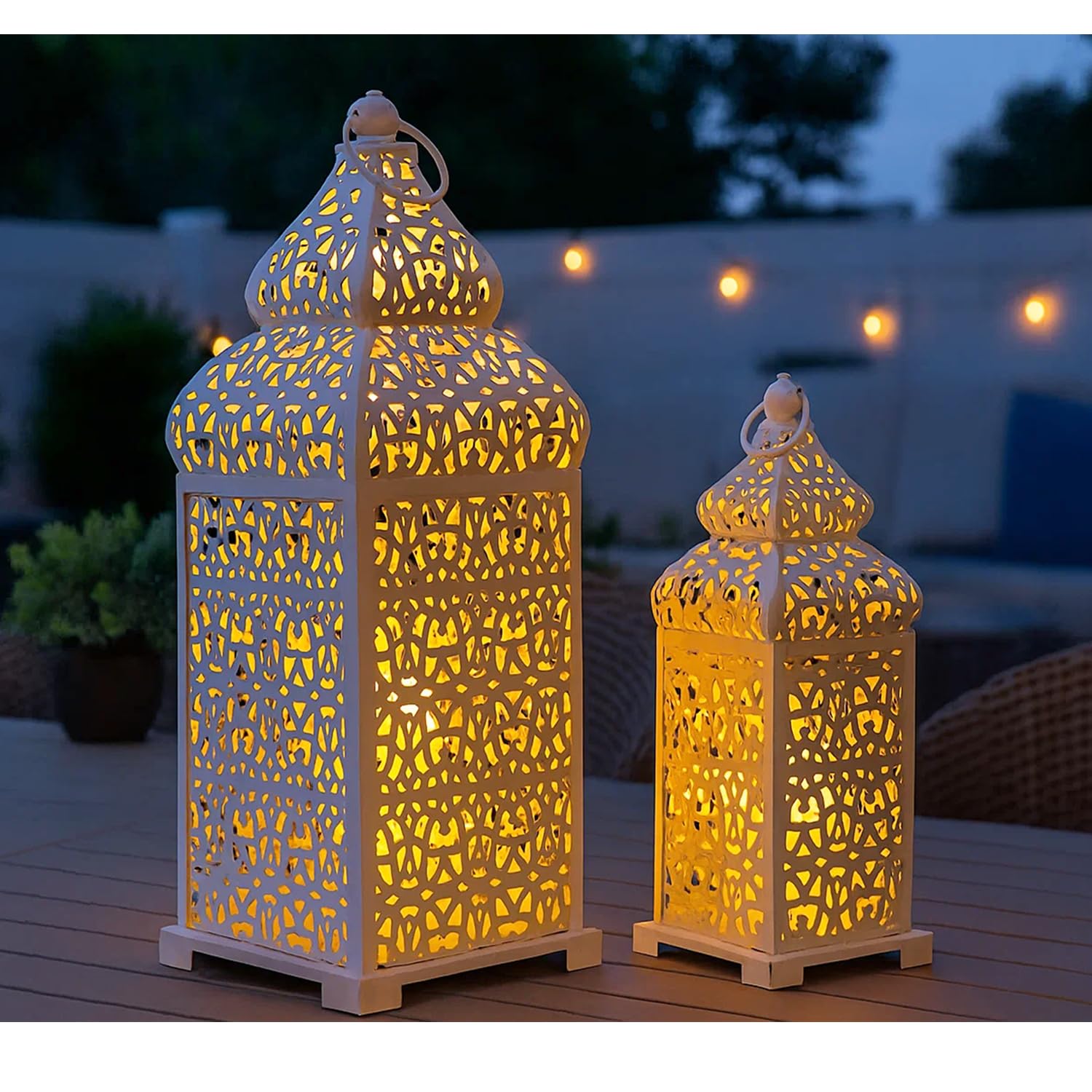 Large Temple Moroccan Lantern Lamp Decorative Candle Holders for Ramadan Decorations, Hanging, Outdoor Patio or Porch, Indoor Home Decor, Weddings, White, Set o - White 11" and 15" - PT08