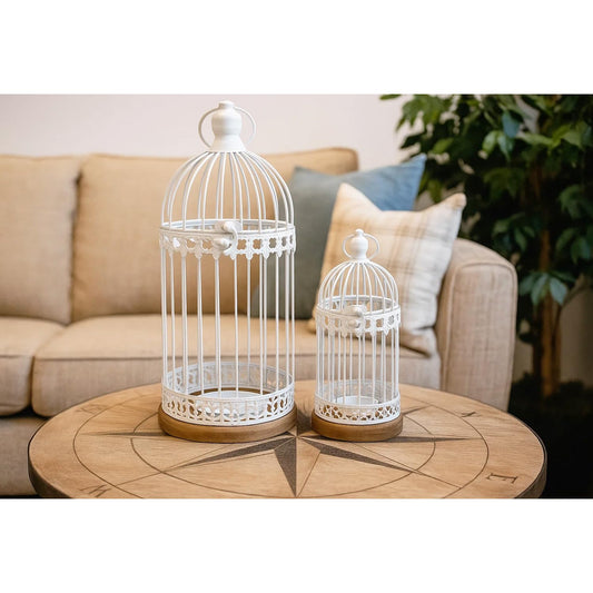 Birdcage Candle Lanterns – Set of 2 Decorative Metal Lanterns on Wooden Base – Vintage Farmhouse Tabletop & Hanging Lantern for Weddings, Parties & Home Decor - White 12" Tall By 5.5" Diameter - PT01