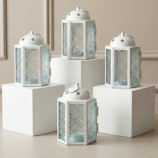 Mini Moroccan Tea Light Candle Holder Lanterns – 4.25" Small Decorative Lantern for Table or Hanging, Metal with Glass Panels – Ramadan, Wedding, Home Decor, Ma - Matte White 4 - MAIN