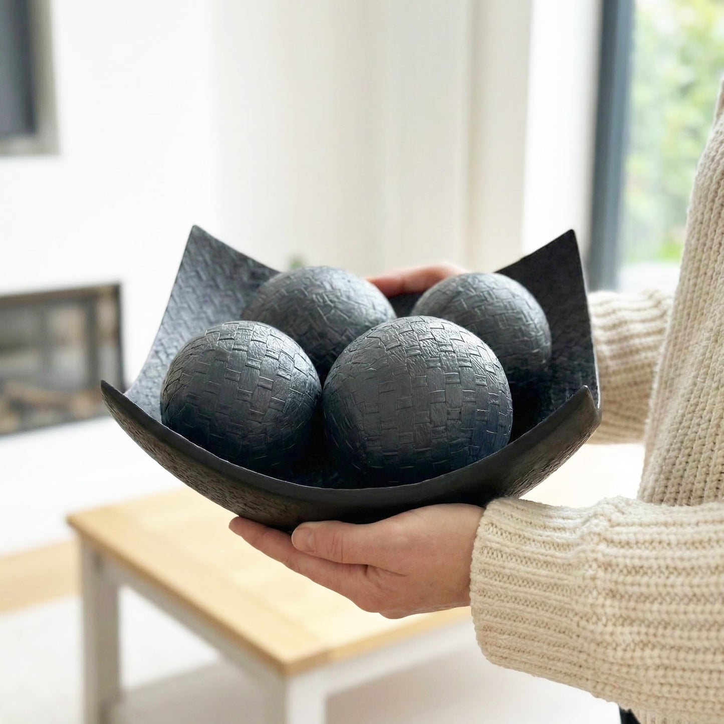 5pc Scoop Bowl Table Centerpieces for Dining Room, Large Decorative Bowls for Coffee Table Decor, Kitchen, Orbs/Balls Included, 14" diagonal. 11" wide and 5.75" - Charcoal Black Large - PT04