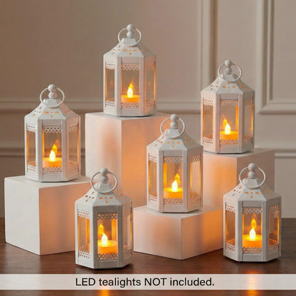6pc Mini Small 4.5 Inch Metal Moroccan Lanterns Decorative Candle Tealight Holders for Centerpieces, Ramadan, Home Decor, Weddings, White - White Set of 6 - PT01
