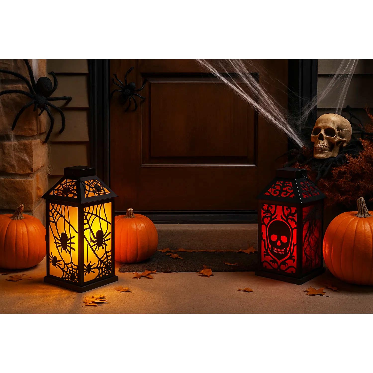 11.5" Halloween Skull Candle Lantern - Decorative Spooky Tabletop Light for Haunted House, Gothic Home, Front Porch & Party Decor, Metal with Frosted Glass (Can - PT03