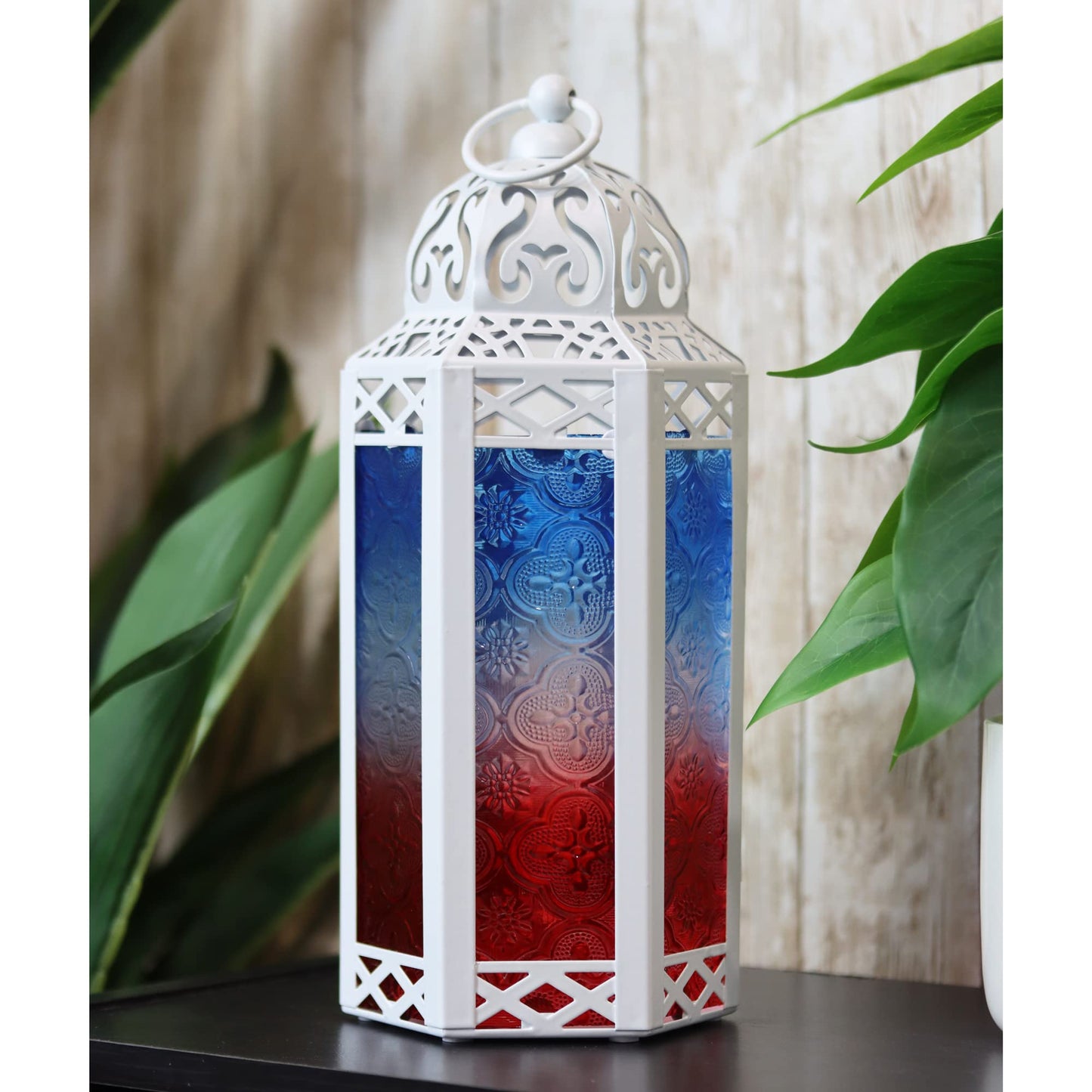 Black Metal Decorative Moroccan Lantern Candle Holder Lamp - Indoor/Outdoor, Home Decor, Patio, Weddings, Christmas - Red/White/Blue Medium - MAIN