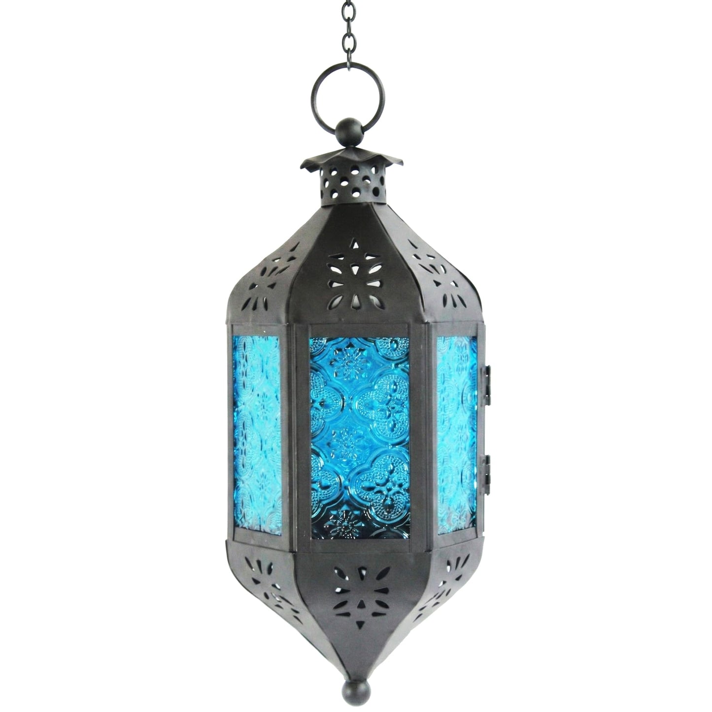 Hanging Moroccan Decorative Candle Lantern Holders for Outdoor Décor - Aqua Blue Hanging - MAIN