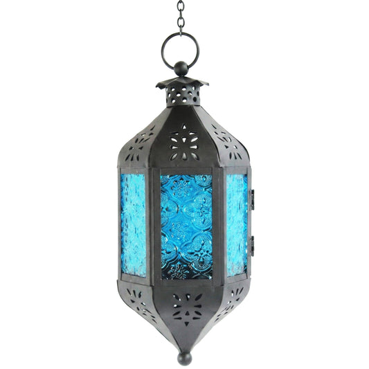 Hanging Moroccan Decorative Candle Lantern Holders for Outdoor Décor - Aqua Blue Hanging - MAIN