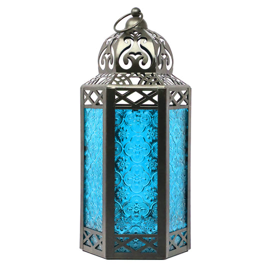 Black Metal Decorative Moroccan Lantern Candle Holder Lamp - Indoor/Outdoor, Home Decor, Patio, Weddings, Christmas - Blue Large - MAIN