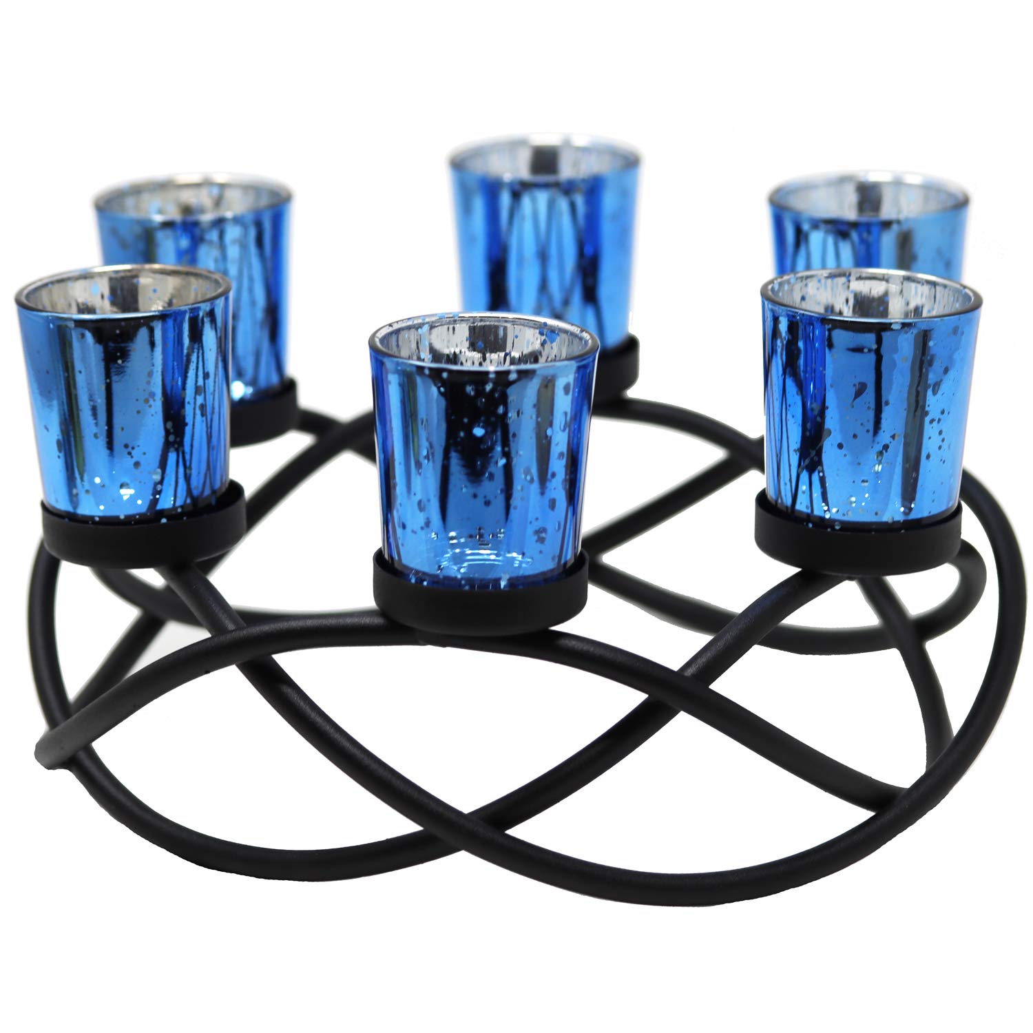 Iron Round Table Decor Centerpiece Decorations Candle Holder for Weddings, Outdoor Patio, Kitchen, Dining Room, and Coffee Tables, Glass Votive Tealight Holders - Black/Blue circular - PT07