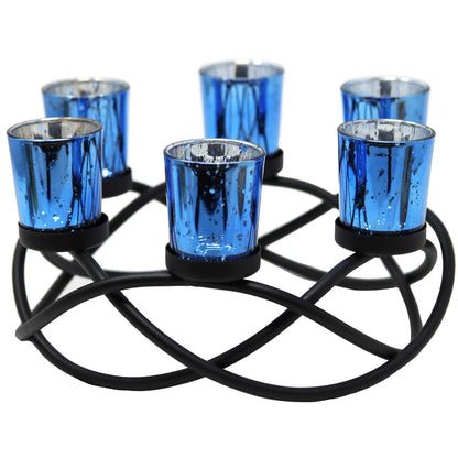 Iron Round Table Decor Centerpiece Decorations Candle Holder for Weddings, Outdoor Patio, Kitchen, Dining Room, and Coffee Tables, Glass Votive Tealight Holders - Black/Blue circular - PT07