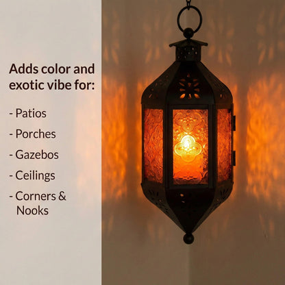 Hanging Moroccan Decorative Candle Lantern Holders for Outdoor Décor - Amber Orange Hanging - PT02
