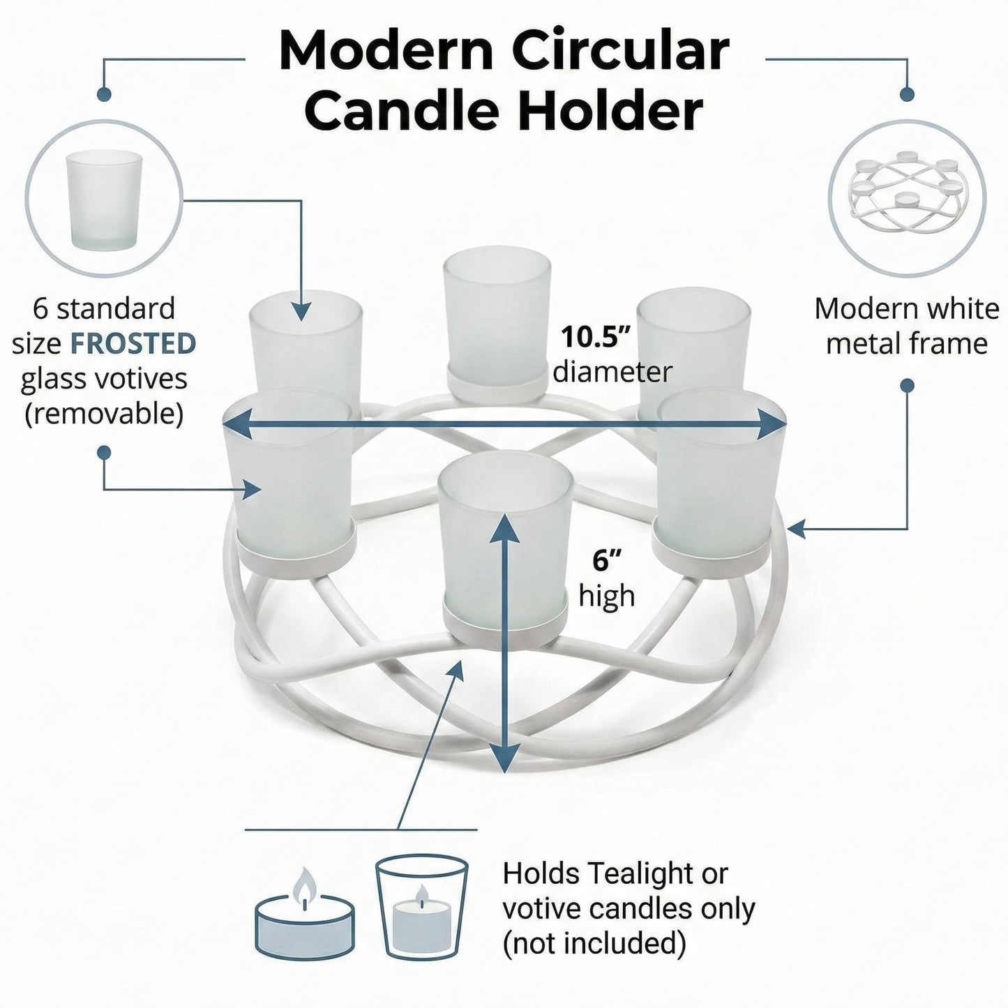 Iron Round Table Decor Centerpiece Decorations Candle Holder for Weddings, Outdoor Patio, Kitchen, Dining Room, and Coffee Tables, Glass Votive Tealight Holders - White 6-Cup - PT03