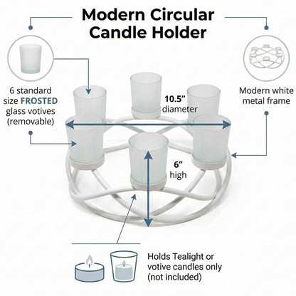 Iron Round Table Decor Centerpiece Decorations Candle Holder for Weddings, Outdoor Patio, Kitchen, Dining Room, and Coffee Tables, Glass Votive Tealight Holders - White 6-Cup - PT03