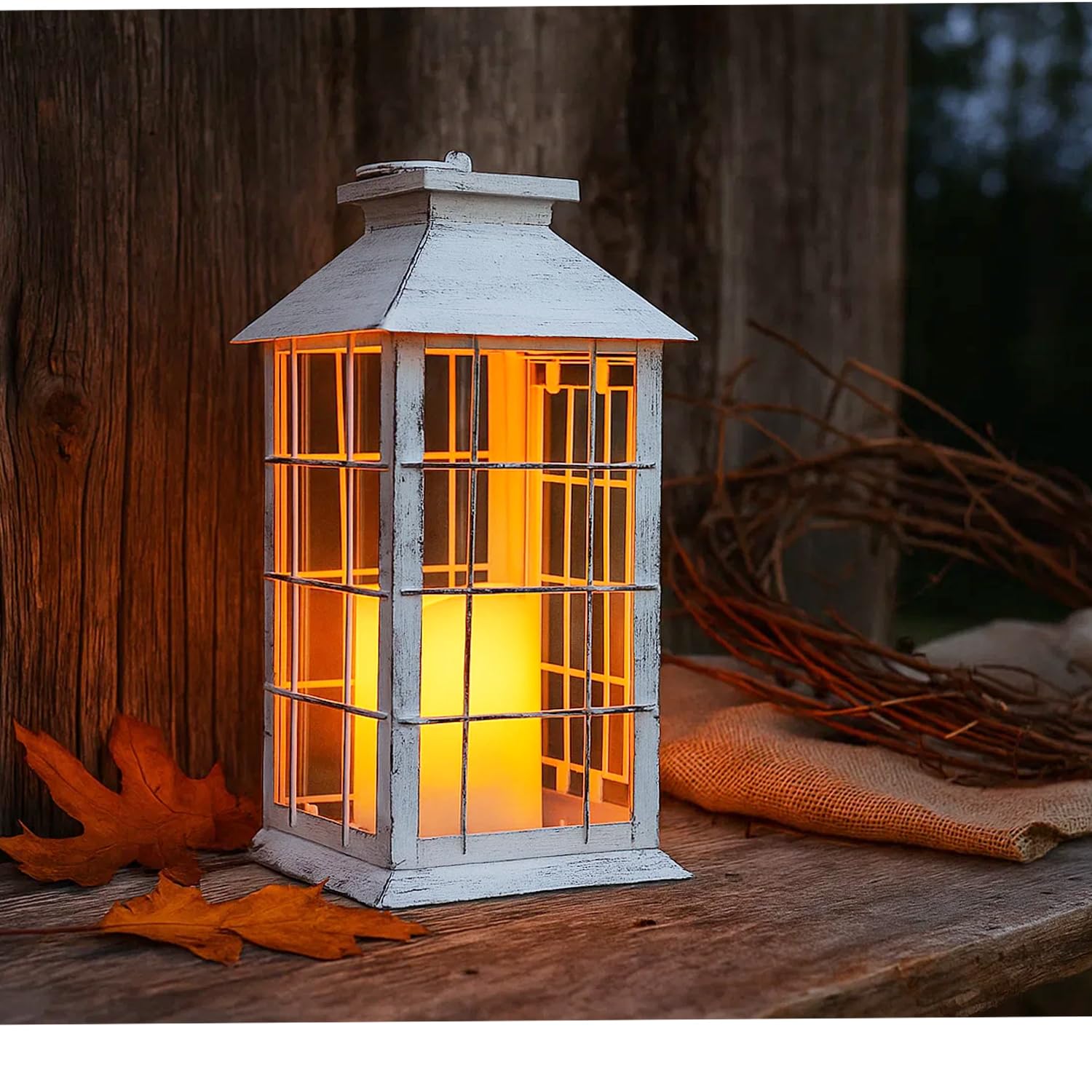 11" Rustic Decorative Candle Lantern – Vintage Metal & Glass Holder for Pillar Candles – Farmhouse Tabletop & Hanging Lantern for Indoor or Patio Decor, White - Rustic White - PT05