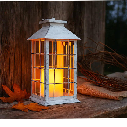 11" Rustic Decorative Candle Lantern – Vintage Metal & Glass Holder for Pillar Candles – Farmhouse Tabletop & Hanging Lantern for Indoor or Patio Decor, White - Rustic White - PT05
