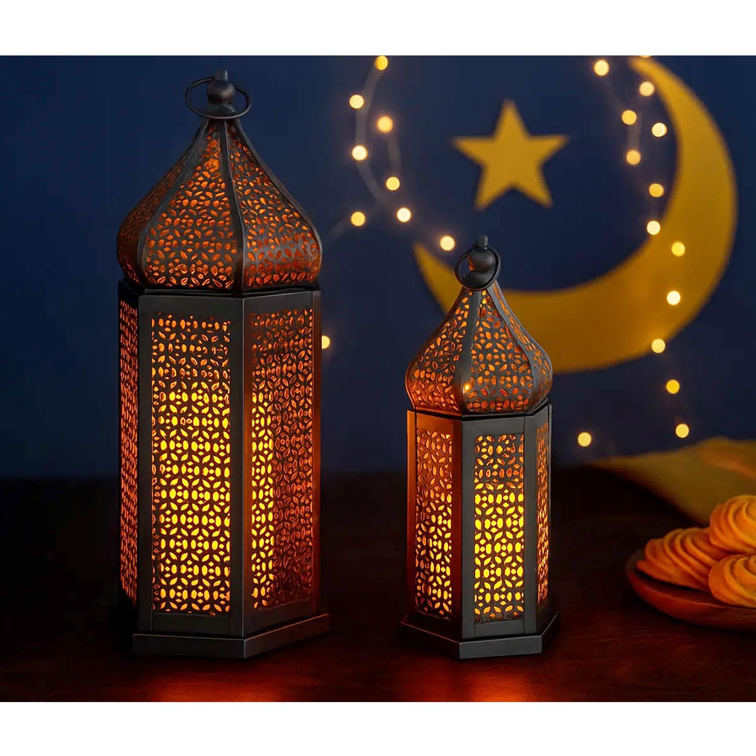 Tower Temple Moroccan Lantern Lamp Decorative Candle Holders - Black Set of 2 - PT08