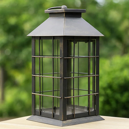 11" Rustic Decorative Candle Lantern – Vintage Metal & Glass Holder for Pillar Candles – Farmhouse Tabletop & Hanging Lantern for Indoor or Patio Decor, Bronze - Brushed Bronze 5.5 x 5.5 x 11 inches - MAIN