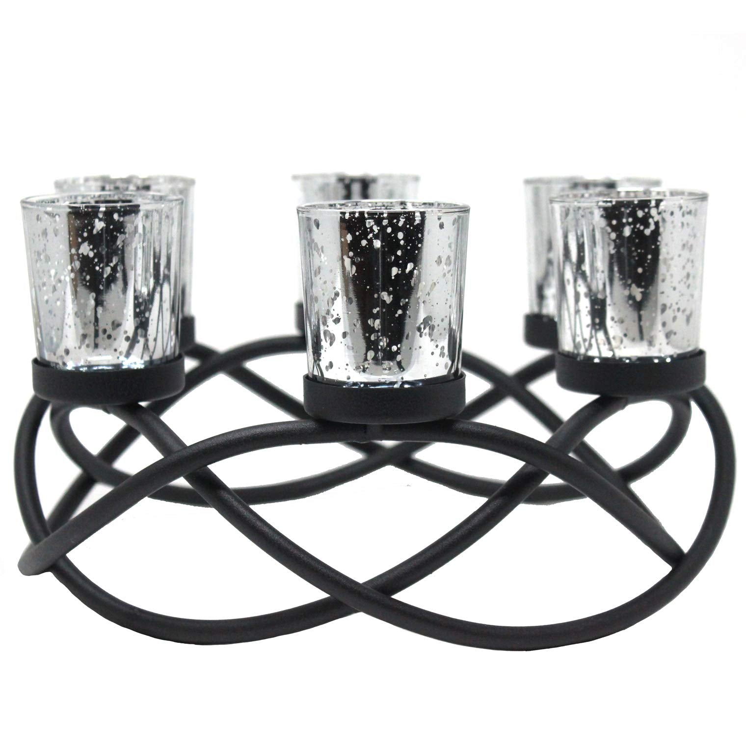 Iron Round Table Decor Christmas Centerpiece Decorations Candle Holder for Weddings, Outdoor Patio, Dining Room, and Coffee Tables, Glass Votive Tealight Holder - Black/Silver 6-Cup - PT06