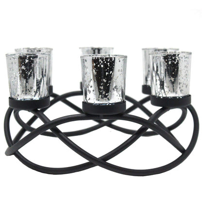 Iron Round Table Decor Christmas Centerpiece Decorations Candle Holder for Weddings, Outdoor Patio, Dining Room, and Coffee Tables, Glass Votive Tealight Holder - Black/Silver 6-Cup - PT06