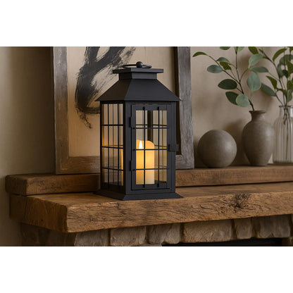11" Rustic Decorative Candle Lantern – Vintage Metal & Glass Holder for Pillar Candles – Farmhouse Tabletop & Hanging Lantern for Indoor or Patio Decor, Black - Black - PT02