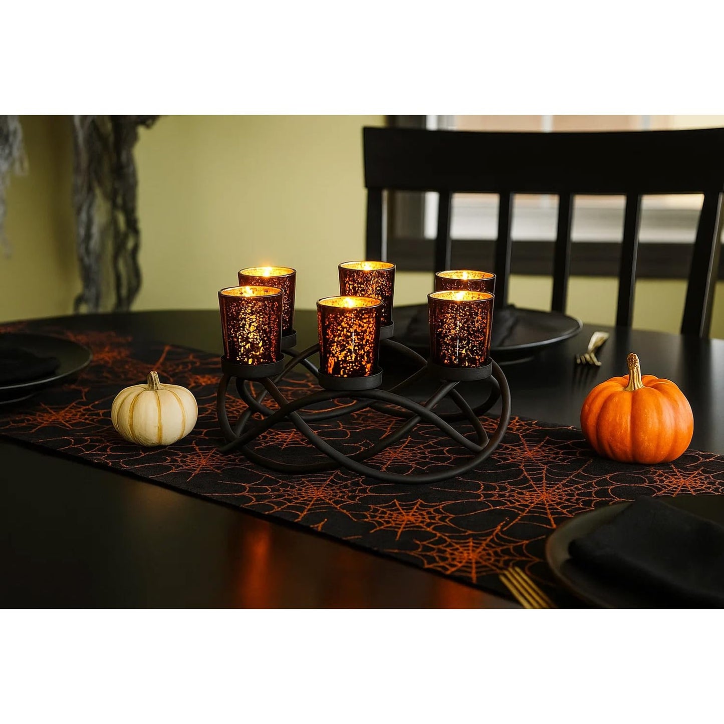 Halloween Candle Holder Centerpiece Decoration – Black Metal Iron 6-Cup Votive Tealight Holder for Spooky Table Gothic Decor, Kitchen & Dining Room, Coffee Tabl - Black 6-Cup - PT07