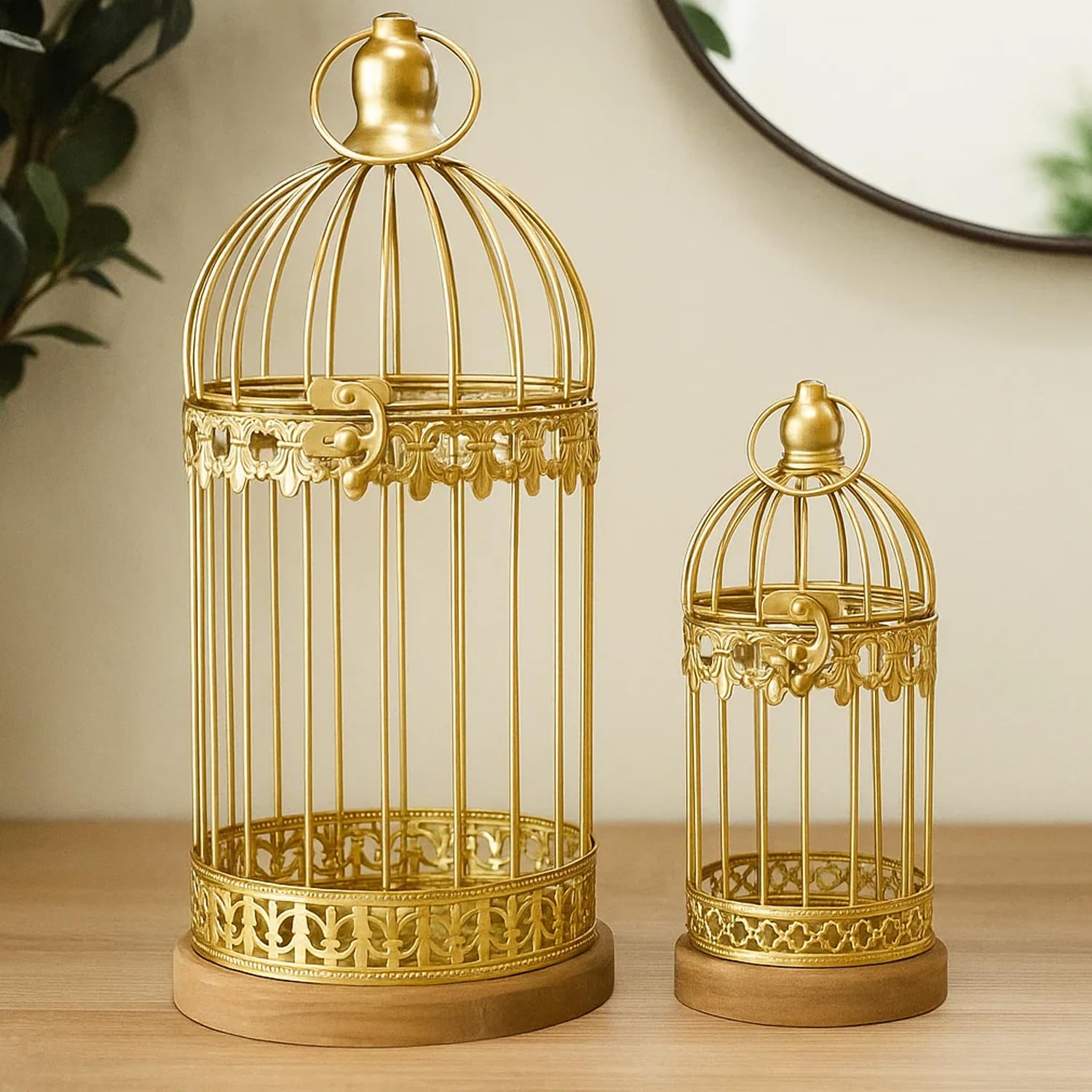 Birdcage Candle Lanterns – Set of 2 Decorative Metal Lanterns on Wooden Base – Vintage Farmhouse Tabletop & Hanging Lantern for Weddings, Parties & Home Decor - Gold 12 Inches Tall By 5.5 Inches Diameter - MAIN