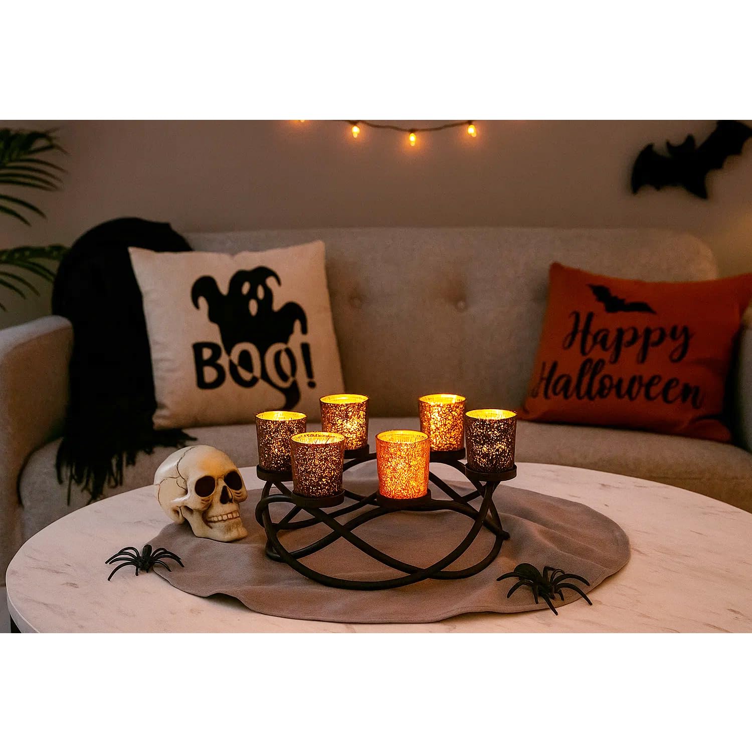 Halloween Centerpiece Table Decor Candle Holder for Kitchen, Dining Room, and Coffee Tables, Glass Votive Tealight Holders, Black, 6 Black/Orange Cups - Black/Orange 6-Cup - PT05
