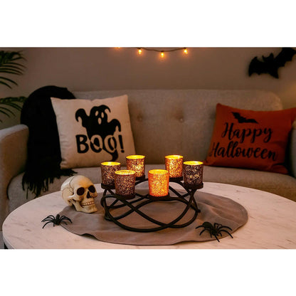 Halloween Centerpiece Table Decor Candle Holder for Kitchen, Dining Room, and Coffee Tables, Glass Votive Tealight Holders, Black, 6 Black/Orange Cups - Black/Orange 6-Cup - PT05
