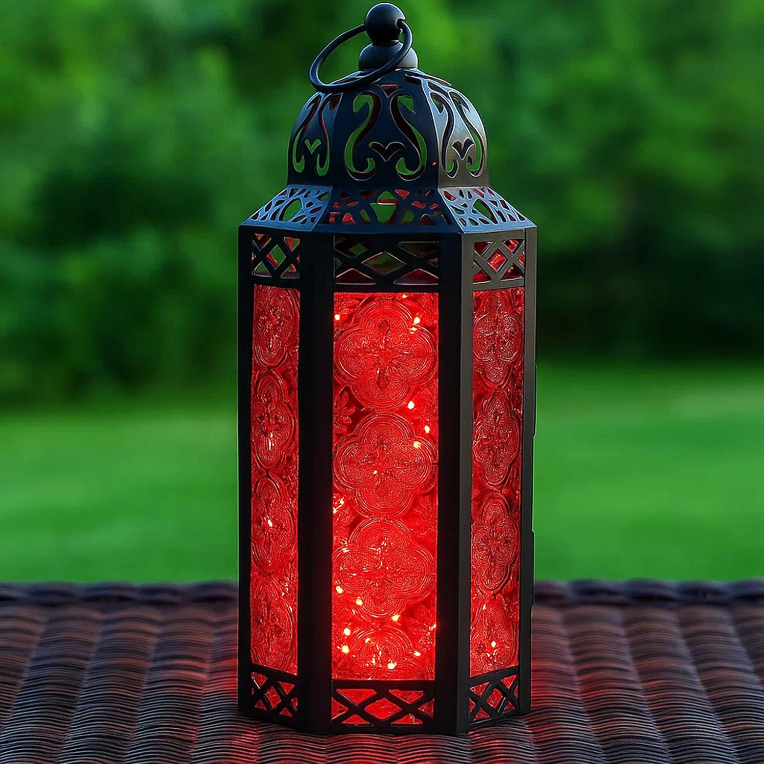 Metal Moroccan Decorative LED Fairy Lights Candle Lantern Holders for Indoor Home Fantasy Decor, Table Centerpieces, Outdoor Patio or Porch, Weddings, Medium - Red Medium - MAIN